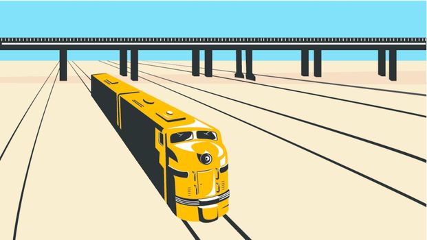 Illustration of a diesel train viewed from a high angle done in retro style with train tracks and viaduct bridge.