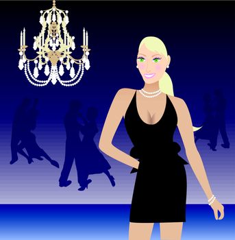 Vector illustration of a blond woman in a black formal dress.