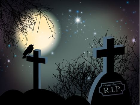 Night at Graveyard With Big Moon and Tombs