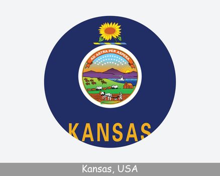 Kansas Round Circle Flag. KA USA State Circular Button Banner Icon. Kansas United States of America State Flag. The Sunflower State EPS Vector
