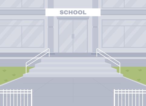 Empty school entrance flat color vector illustration. School building facade 2D cartoon exterior with entry on background. No students at entrance. Coronavirus precaution. Covid quarantine.