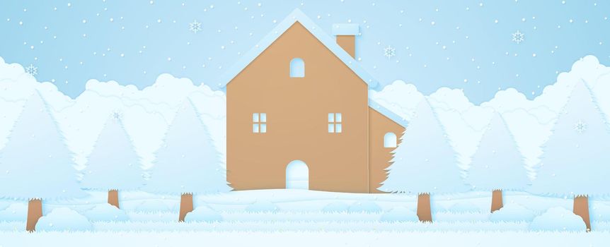 House and trees on snow in winter landscape with snow falling, cloudscape background, paper art style