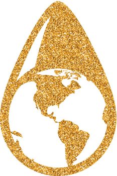 Earth water drop icon in gold glitter texture. Sparkle luxury style vector illustration.