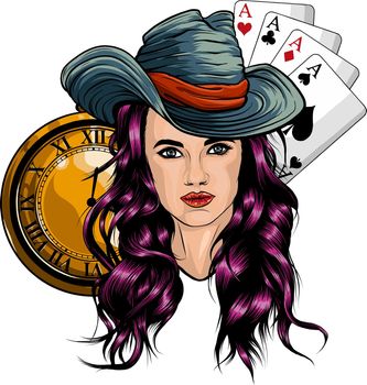 vector Cowgirl with poker aces and gold clock