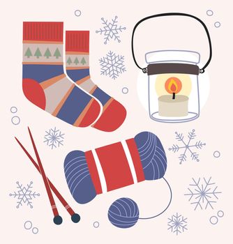 Set of Winter Items and Clothing. Vector illustration