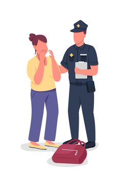 Policeman takes statement from victim semi flat color vector characters. Full body people on white. Gathering evidence isolated modern cartoon style illustration for graphic design and animation