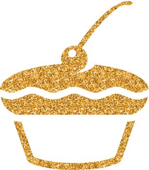 Cake icon in gold glitter texture. Sparkle luxury style vector illustration.