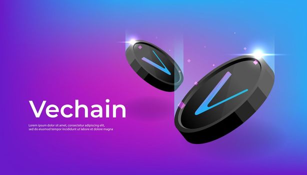 Vechain coin banner. VET coin cryptocurrency concept banner background.