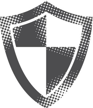 Shield icon in halftone style. Black and white monochrome vector illustration.