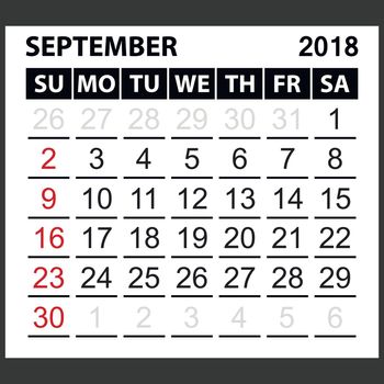 calendar sheet September 2018, simple style. Week starts from sunday of the red color, vector easy to edit