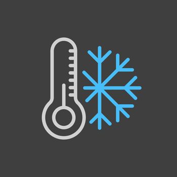 Thermometer and snowflake vector icon on dark background. Thermometer cold. Winter sign. Graph symbol for travel and tourism web site and apps design, logo, app, UI