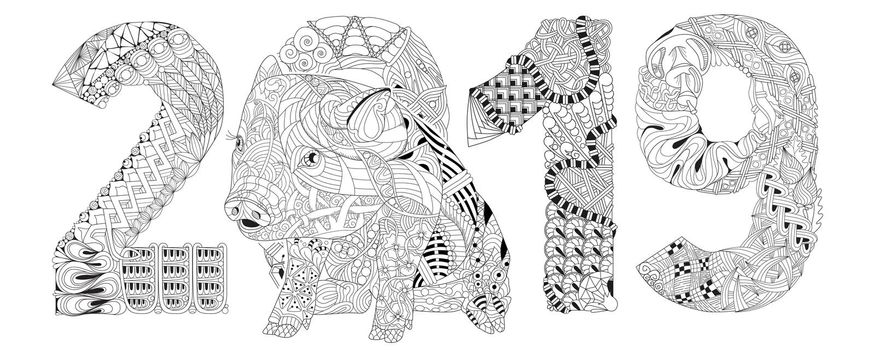 Zentangle illustration with pig and number 2019. Zentangle or doodle piglet. Coloring book domestic animal.