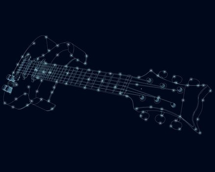 The contour of a guitar made of blue lines on a dark background with glowing lights. Vector illustration.