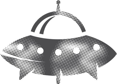 Flying saucer icon in halftone style. Black and white monochrome vector illustration.