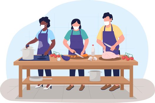 Cooking class during pandemic 2D vector web banner, poster. Chefs in training in face masks flat characters on cartoon background. Culinary course printable patch, colorful web element