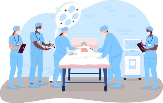 Hospital surgery 2D vector isolated illustration. Doctors and nurses in operation room. Surgeons and medical interns flat characters on cartoon background. Clinical procedure colourful scene