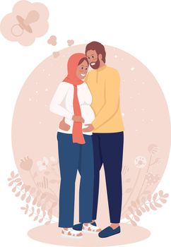 Pregnancy 2D vector isolated illustration. Couple expecting baby. Anticipating child birth. Wife and husband. Young family flat characters on cartoon background. Parenthood colourful scene
