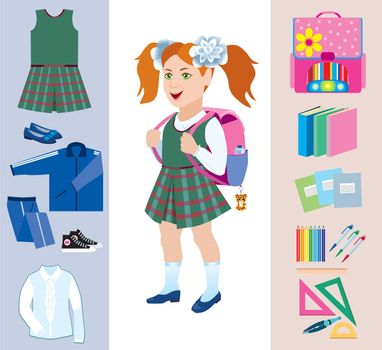 Schoolgirl with satchel behind and various school subjects