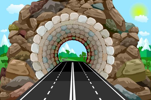 Mountain landscape with entrance to the arched freeway tunnel. Underground motorway. Stock vector illustration