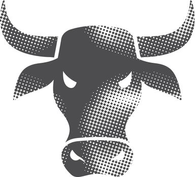 Bullish icon in halftone style. Black and white monochrome vector illustration.