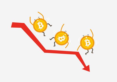 Bitcoin crash graph vector. Bitcoin price drops. Price Market Value Going Down. Cryptocurrency cartoon concept.