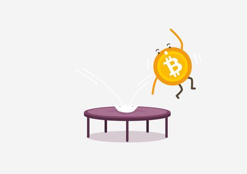 Bitcoin falling on a trampoline. Cryptocurrency cartoon concept.
