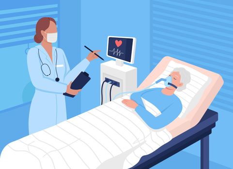 Recovery in hospital flat color vector illustration. Intensive care for elderly people. Clinical treatment for disease. Doctor supervising patient 2D cartoon characters with interior on background