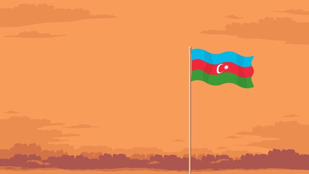 Detailed flat vector illustration of a flying flag of Azerbaijan in front of a cloudy sky background. Room for text.