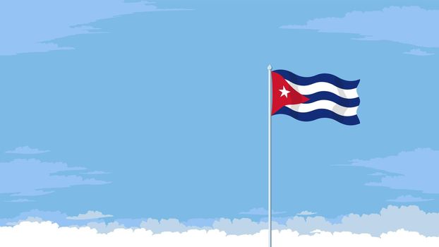 Detailed flat vector illustration of a flying flag of Cuba in front of a cloudy sky background. Room for text.