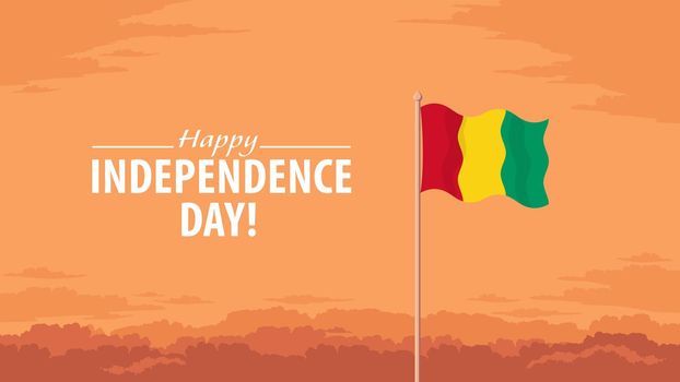 Detailed flat vector illustration of a flying flag of Guinea in front of a cloudy sky background. Happy Independence Day.