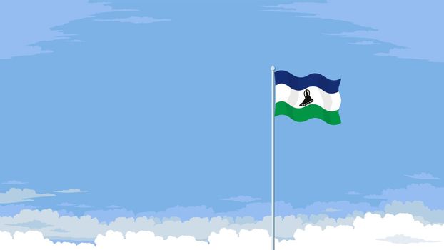 Detailed flat vector illustration of a flying flag of Lesotho in front of a cloudy sky background. Room for text.