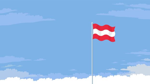 Detailed flat vector illustration of a flying flag of Austria in front of a cloudy sky background. Room for text.