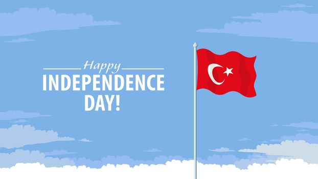Detailed flat vector illustration of a flying flag of Turkey in front of a cloudy sky background. Happy Independence Day.