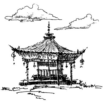 Hand-drawn vector illustration - sketch of pagoda buildind with clouds on the sky. Black drawing on white background