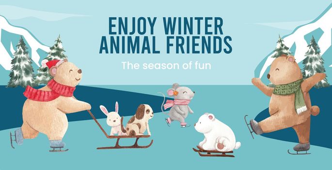 Billboard tempalte with animal enjoy winter concept,watercolor style