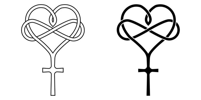 Sign of infinite love for God, heart with infinity symbol and cross, vector tattoo logo of love and faith for God