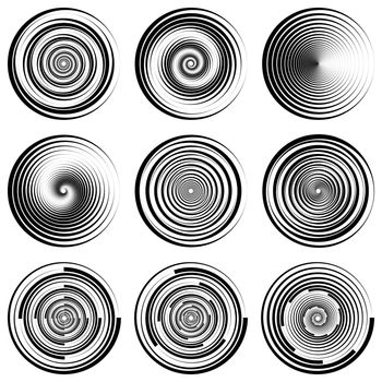 Set round spiral circle filigree watermark, vector EPS dynamic swoosh, template logo counterfeit protection, spiral swirl whirlpool