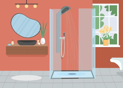 Home bathroom flat color vector illustration. Shower with running water. Everyday routine. Washing for hygiene, cleanliness.Apartment room 2D cartoon interior with furniture on background