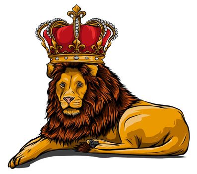 Royal lion with crown - animal king head with long mane black and white vector design