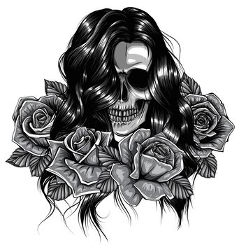 Illustration of black and white skull girl with rose in hairs on white background