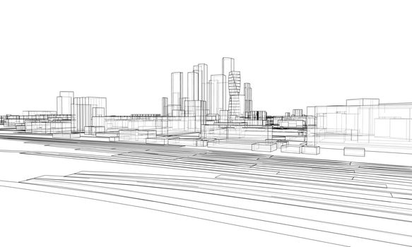 Vector lines buildings and city roads, town design. Vector rendering of 3d. Wire-frame style. The layers of visible and invisible lines are separated