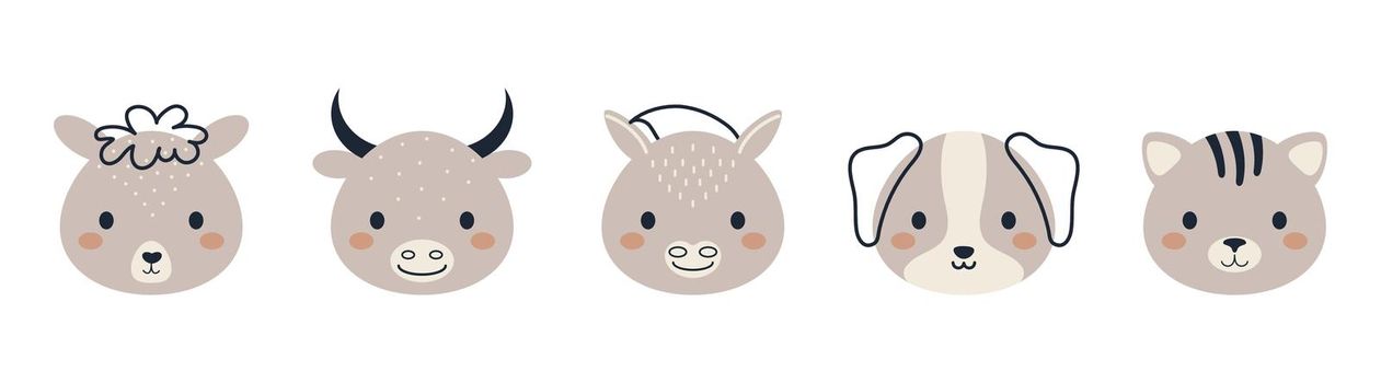 Set of cute domestic animal heads in scandinavian style. Collection funny animals characters for kids cards, baby shower, birthday invitation, house interior. Bohemian childish vector illustration.