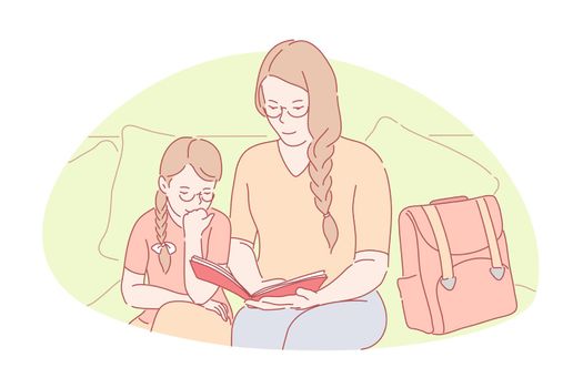 Family bonding, home education, happy motherhood concept. Young mom helping little daughter with homework, smiling mother and child reading book together, lady teaching little girl. Simple flat vector