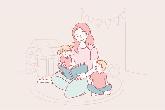 Mother s day, kindergarten, motherhood concept. A young mother reads fairy tales to her son and daughter, children learn letters together with a nanny, a teacher from kindergarten teaches children.