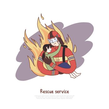 Brave firefighter holding little girl, dangerous profession, rescuer with child, emergency rescue service banner. Fireman in uniform on flame concept cartoon sketch. Flat vector illustration