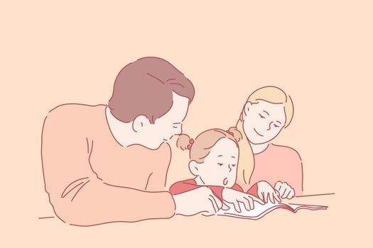 Preschool education, parenthood, childhood concept. A little girl learns to read or write with young parents. Happy, smiling mother and father teach their daughter at home. Simple flat vector