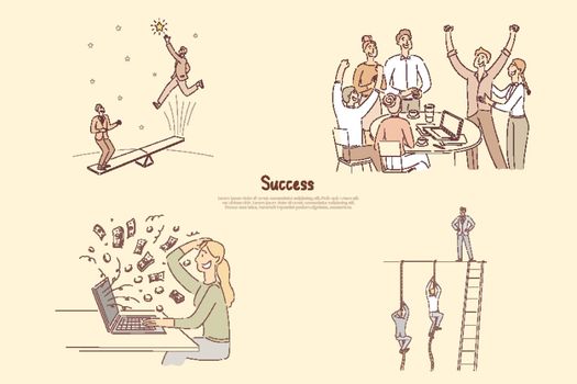 Men jumping on seesaw towards stars, group celebrating achievement together, woman earned lot of money online banner. Road to success cartoon concept sketch. Flat vector illustration