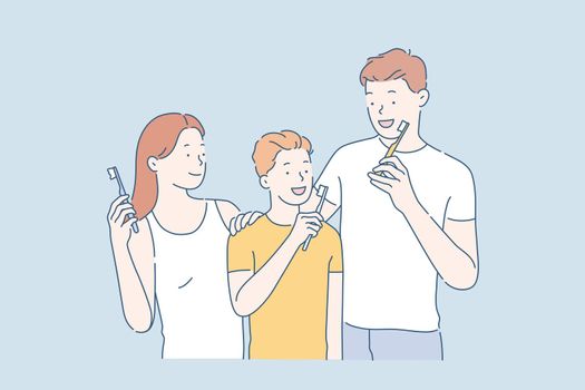 Personal hygiene concept. Happy family with toothbrushes in bathroom. Simple flat vector.