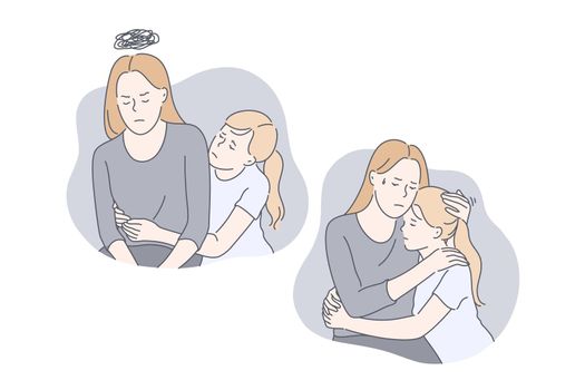 Mother and daughters relationship problem set concept. Young daugher is hugging and calming angry mother. Upset frustrated woman embraces unhappy girl. Woman qurreled with child. Simple flat vector