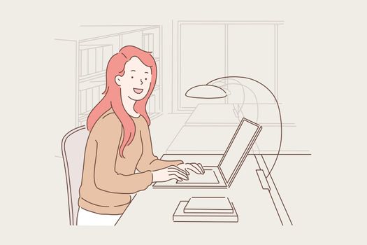 Work, education, freelance concept. Happy businesswoman or girl working on a laptop in the office. A young student in the library studying information for a test or exam. Simple flat vector.
